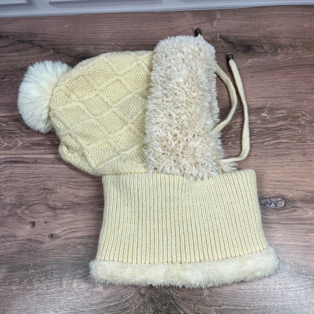 Knit Balaclava Hood Women Cream Soft Faux Fur Trim Pom Pom Winter Hat OS